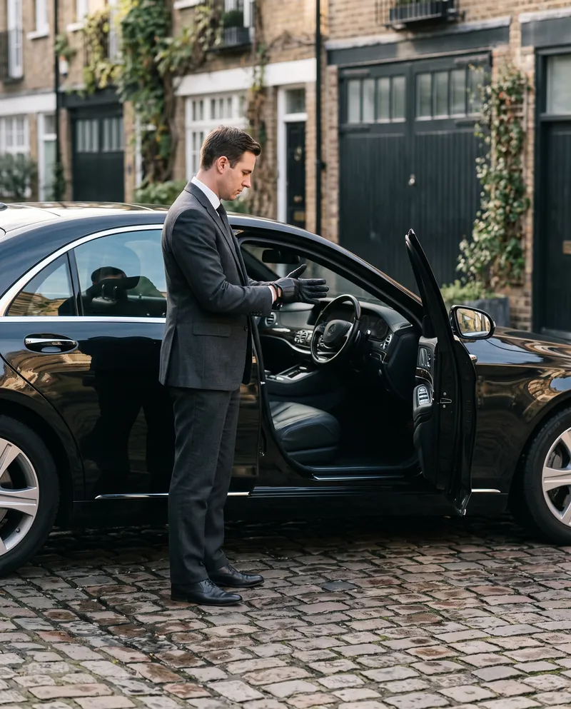 Шофёр надевает водительские перчатки рядом с Mercedes-Benz S-Class