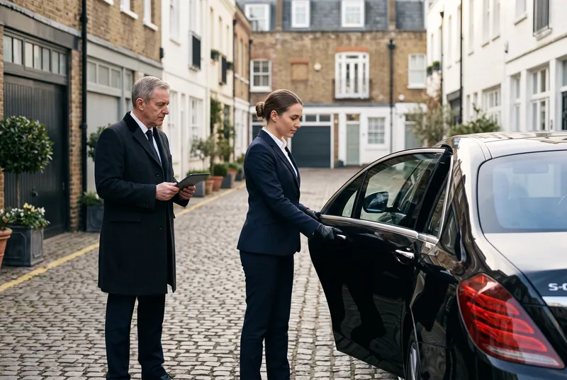 Ausbilder beobachtet einen Chauffeur beim Üben des Türöffnens an der hinteren Tür einer Mercedes-Benz S-Class