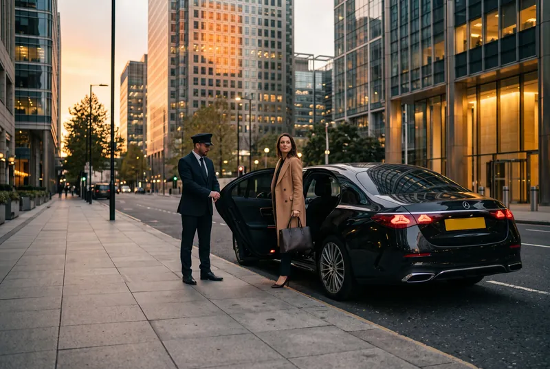 Geschäftsfrau steigt an der Canary Wharf in eine Mercedes-Benz E-Class