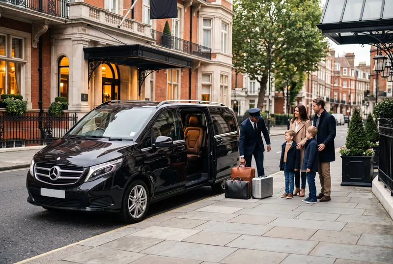 Mercedes-Benz V-Class collecting a family outside a Kensington hotel