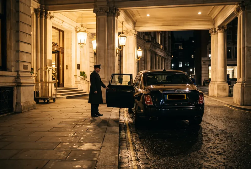 Rolls-Royce Phantom wartet nachts vor einem Londoner Hotel