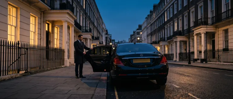 Chauffeur wartet neben einem Mercedes-Benz in einer Straße in Mayfair