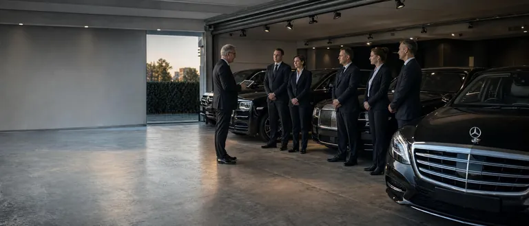 Chauffeure in dunklen Anzügen bei einer Einweisung durch einen Ausbilder neben der Flotte