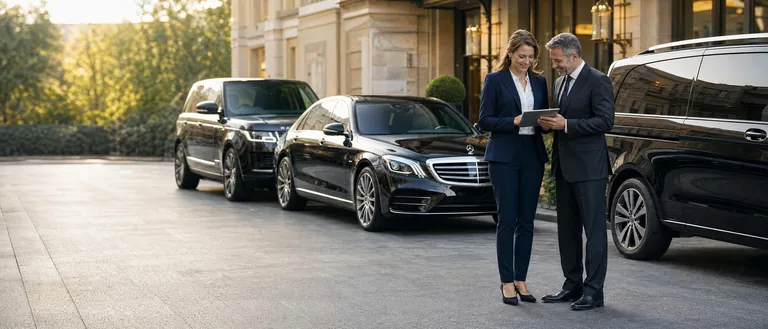 Reiseleiterin und Chauffeur-Manager besprechen vor einem Londoner Hotel neben einer Reihe von Luxuswagen einen Reiseplan