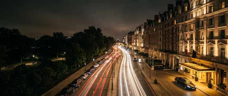 Light trails along Park Lane, London, at night