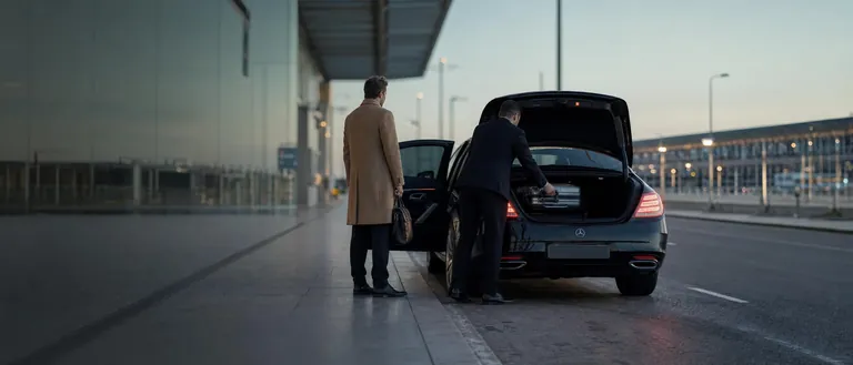 Chauffeur loading luggage into a Mercedes-Benz S-Class at a London airport terminal