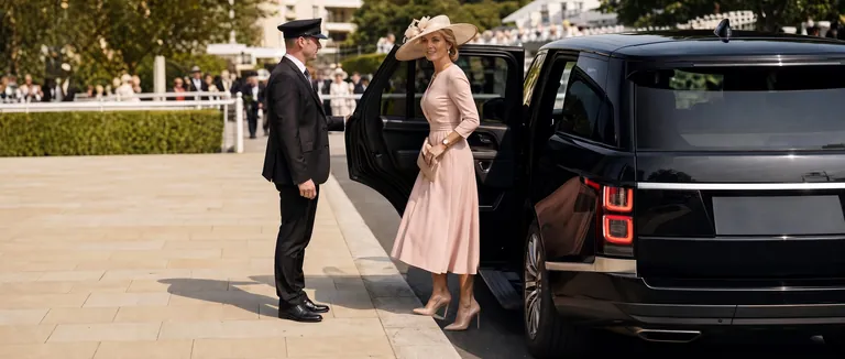 Chauffeur holding the door of a Range Rover for a woman arriving at the races