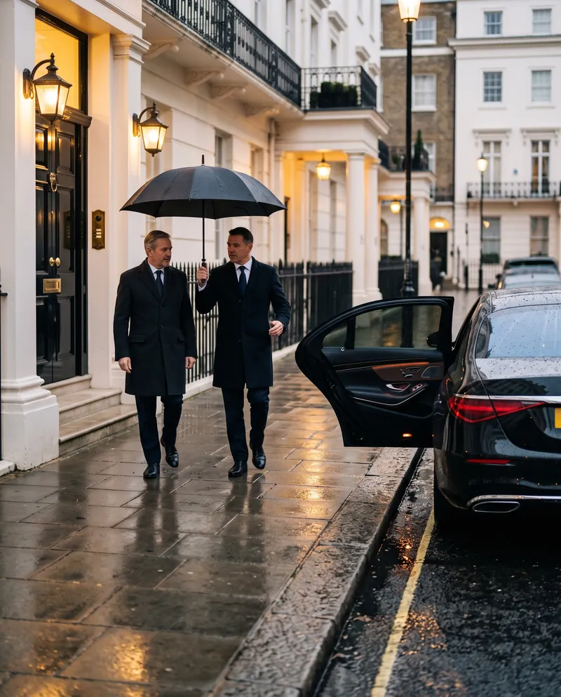 Chauffeur holding an umbrella for a passenger in Belgravia