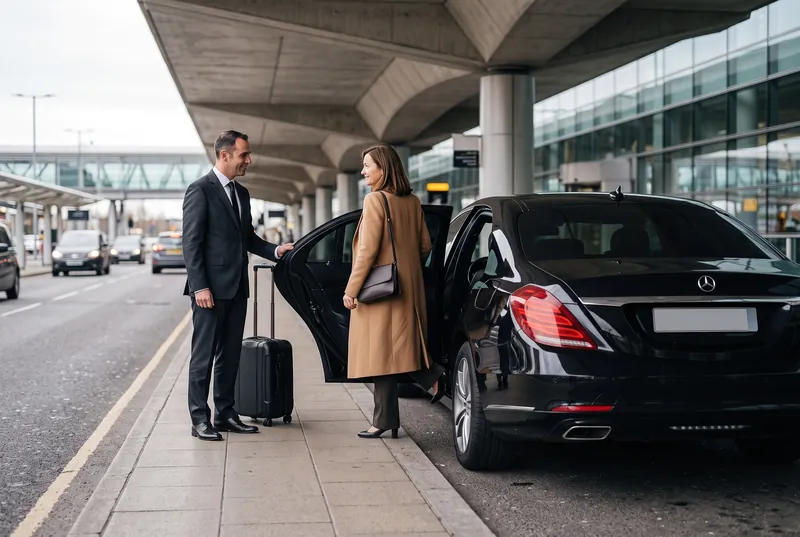 سائق يحمل أمتعة راكبة إلى Mercedes-Benz V-Class عند مبنى المطار