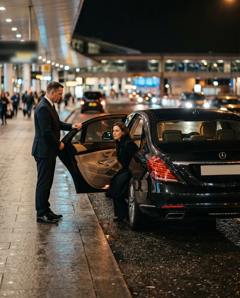 سيدة تأخذ مقعدها في سيارة Mercedes-Benz S-Class أمام مبنى المطار ليلًا