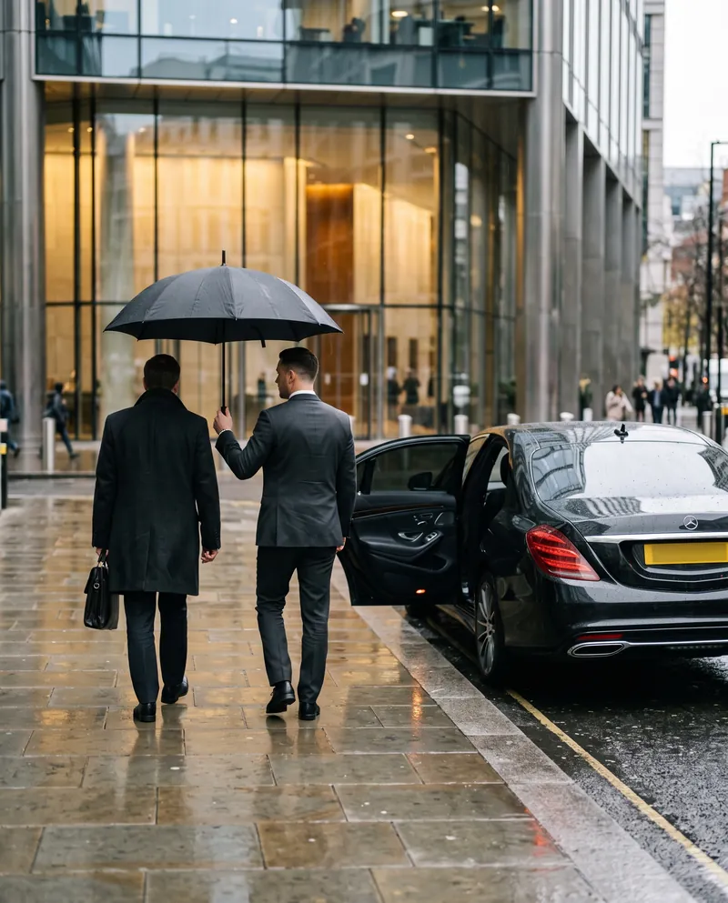 Chauffeur tenant un parapluie devant un bureau de la City de Londres