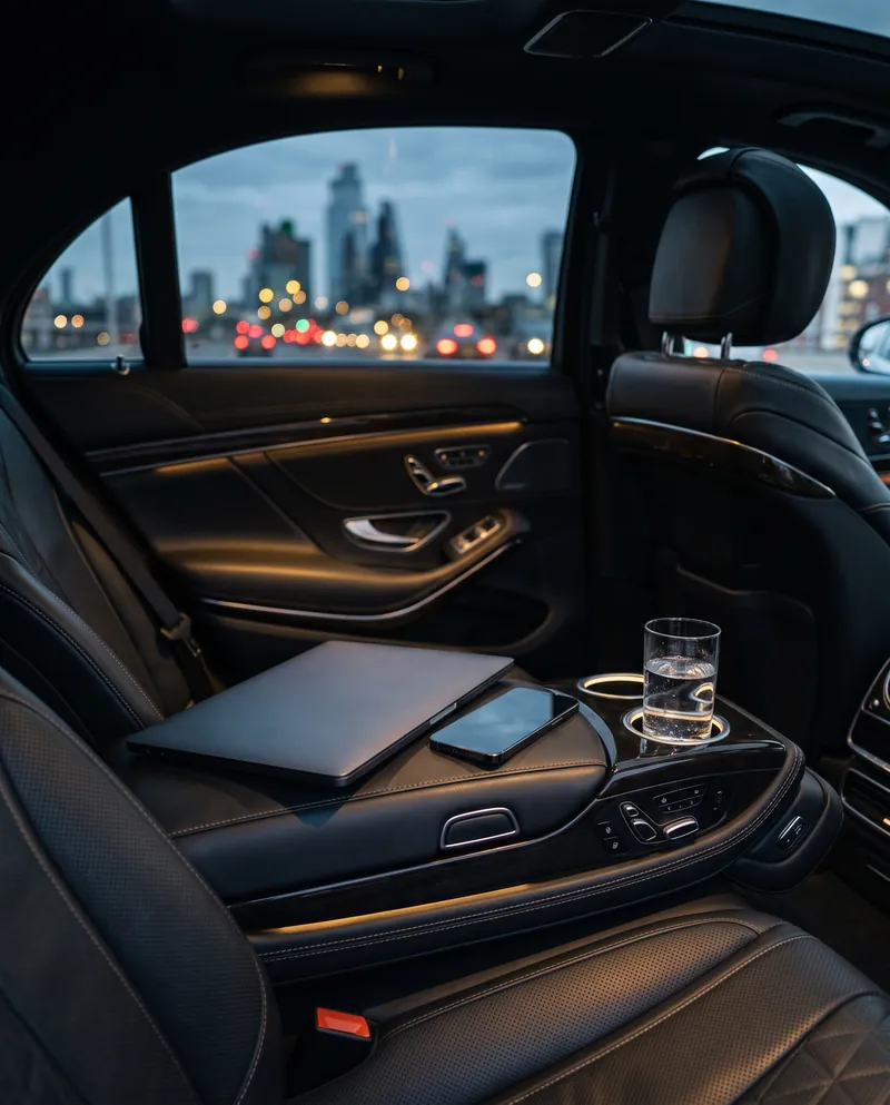 Ordinateur portable et téléphone sur l’accoudoir arrière d’une voiture avec chauffeur