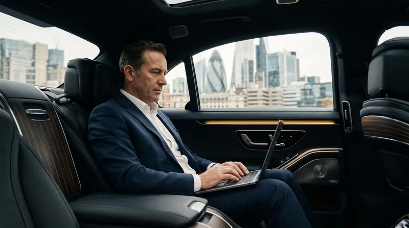 Executive working in the rear of a Mercedes-Benz S-Class in the City