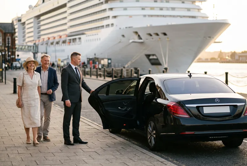 Bir çift, kruvaziyer limanında şoförlü Mercedes-Benz S-Class'tan iniyor