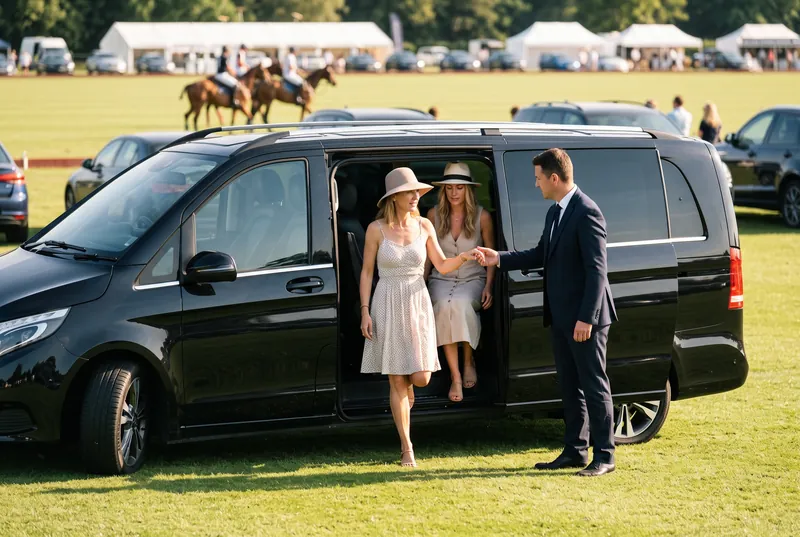Two women stepping out of a Mercedes-Benz V-Class at a polo club