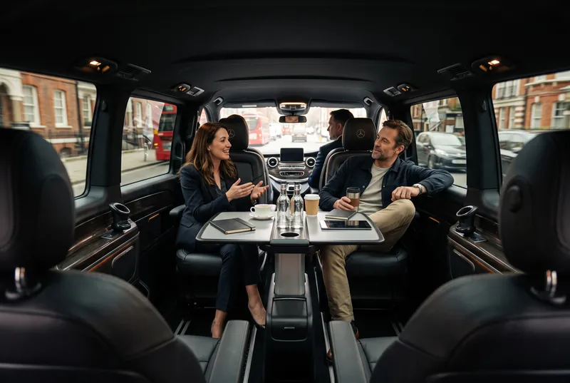 Пассажиры в салоне Mercedes-Benz V-Class с сиденьями лицом друг к другу