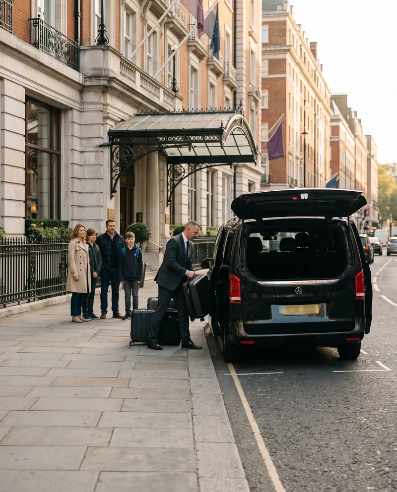 Шофёр загружает багаж семьи в Mercedes-Benz V-Class