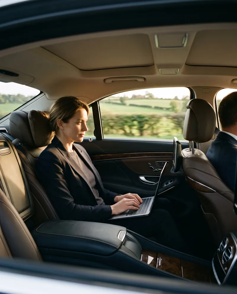 Bir Mercedes-Benz S-Class'ın arka koltuğunda dizüstü bilgisayarla çalışan kadın