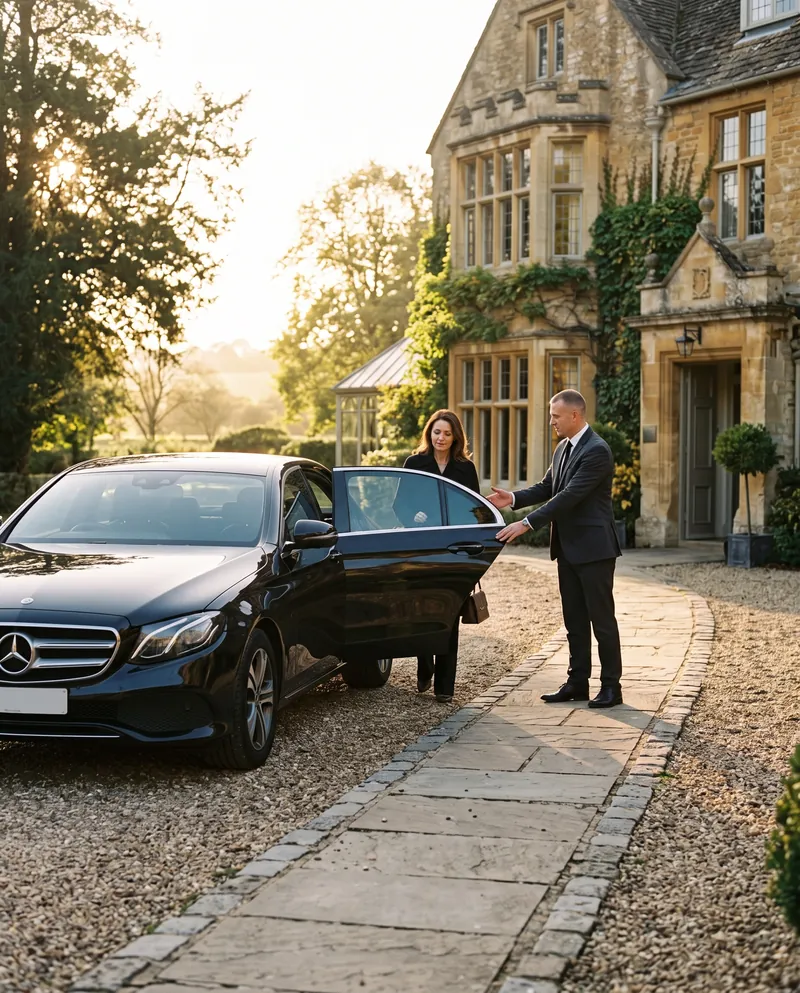 Cotswolds'taki bir kır otelinde kapıyı açan şoför