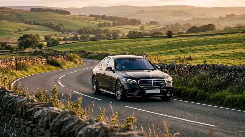Mercedes-Benz S-Class on an English countryside road at golden hour