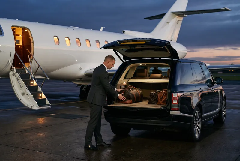 Chauffeur verlädt Gepäck in einen Range Rover neben einem Privatjet