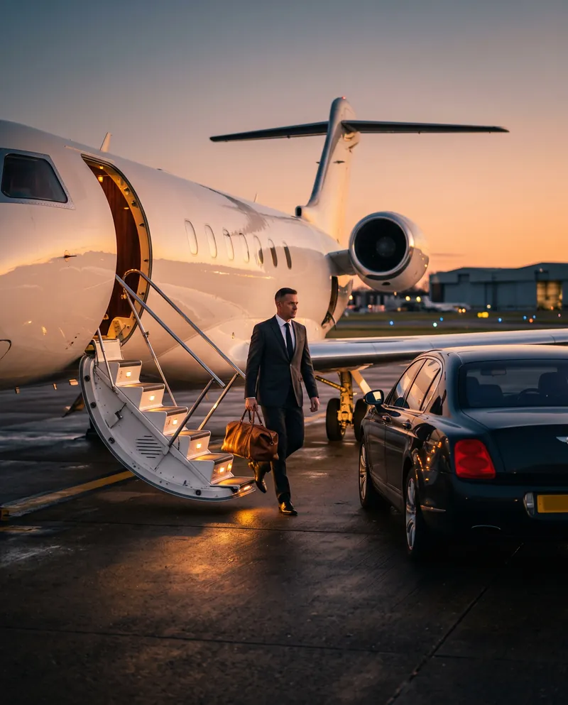 Chauffeur trägt eine Ledertasche die Treppe eines Privatjets hinunter