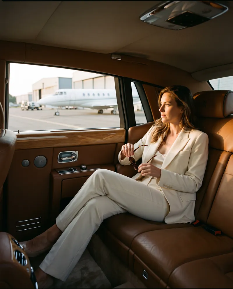 Dame entspannt im Fond eines Rolls-Royce neben einem Privatjet