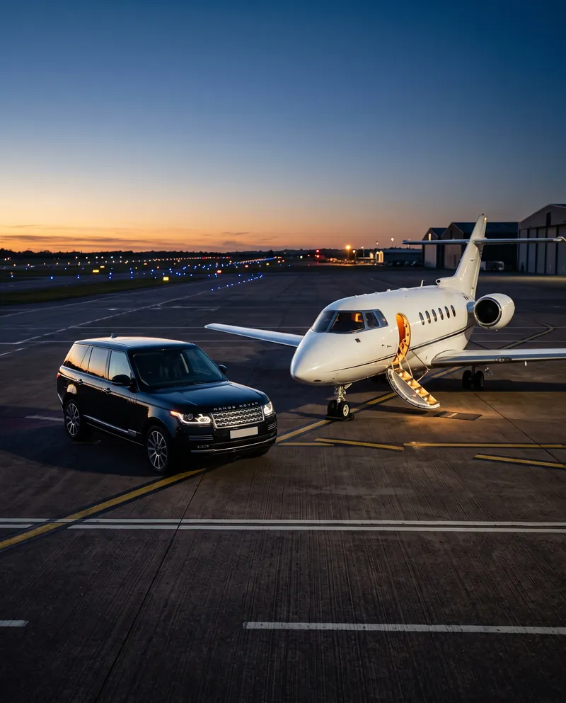 Range Rover wartet in der Abenddämmerung neben einem Privatjet auf dem Vorfeld