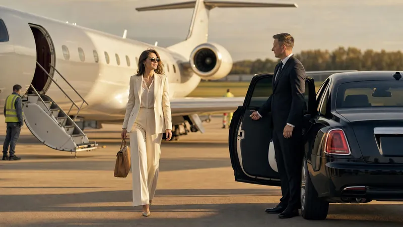Woman walking from a private jet to a waiting Rolls-Royce on the apron