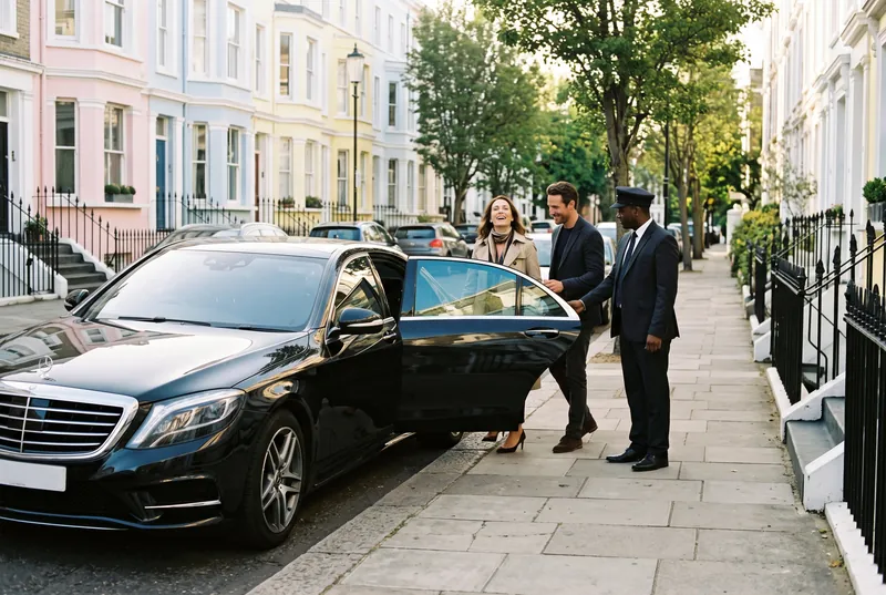 Couple descendant d’une voiture avec chauffeur à Notting Hill