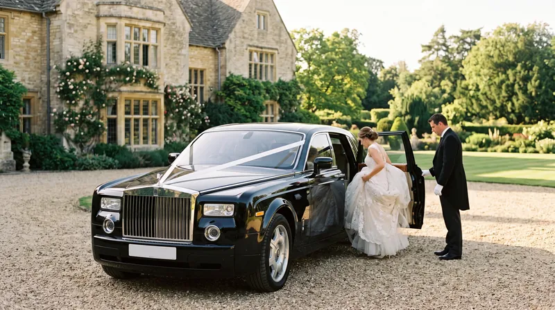 Bride entering a ribboned Rolls-Royce Phantom at a Cotswolds manor